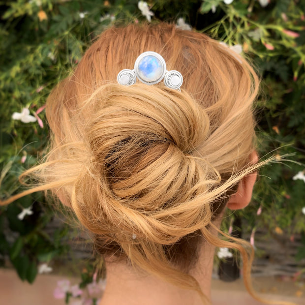 Hand-stamped triple moon hair fork with moonstone - 4 1/2” long