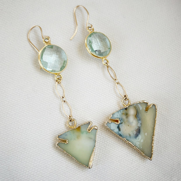 Reversible gold-plated earrings with agate druzy arrowhead and aqua quartz