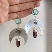 Silver moon earrings with aqua quartz & amethyst