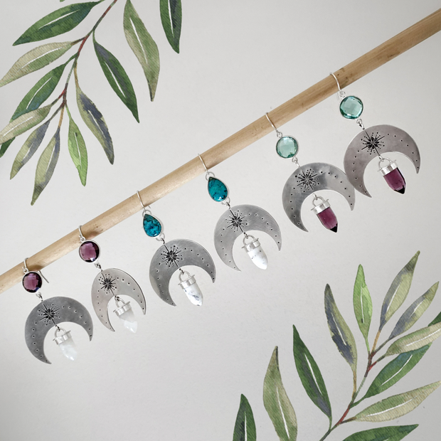 Silver moon earrings with aqua quartz & amethyst