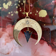 Shipping for stamped brass moon necklace with titanium druzy arrowhead dangle