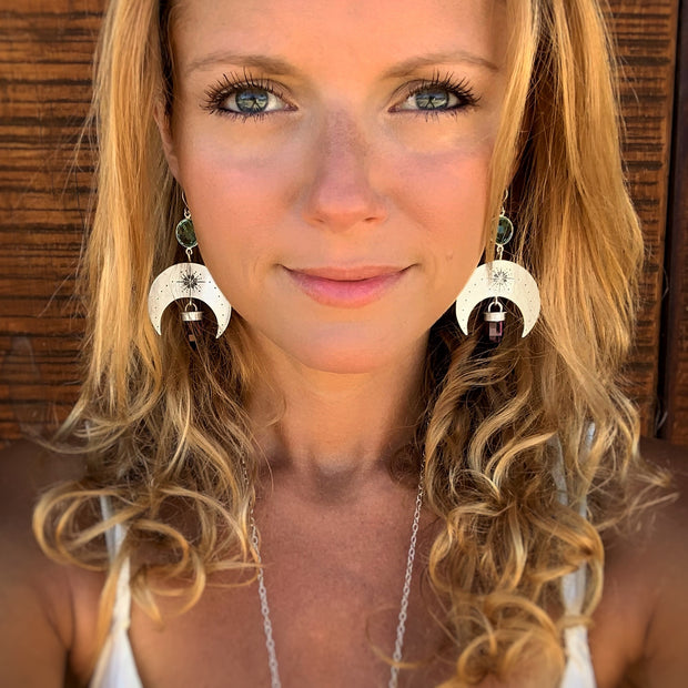 Silver moon earrings with aqua quartz & amethyst