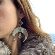 Stamped brass moon earrings with faceted green amethyst & fluorite