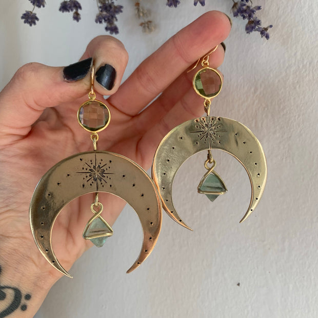 Stamped brass moon earrings with faceted green amethyst & fluorite