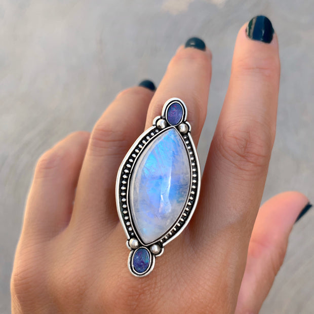 Marquise moonstone and fire opal ring or necklace