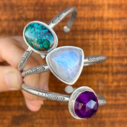 Hand-stamped amethyst & moonstone cuff in silver