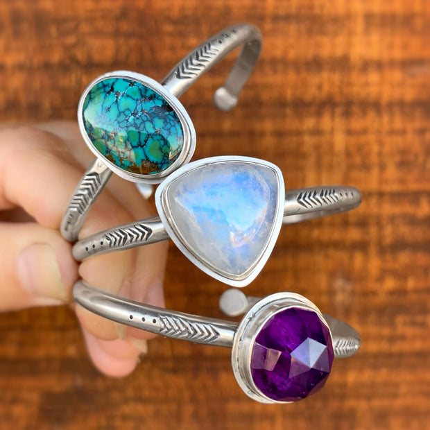 Hand-stamped amethyst & moonstone cuff in silver