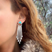 Turquoise triangle stud earrings with removable stamped fringe ear jacket