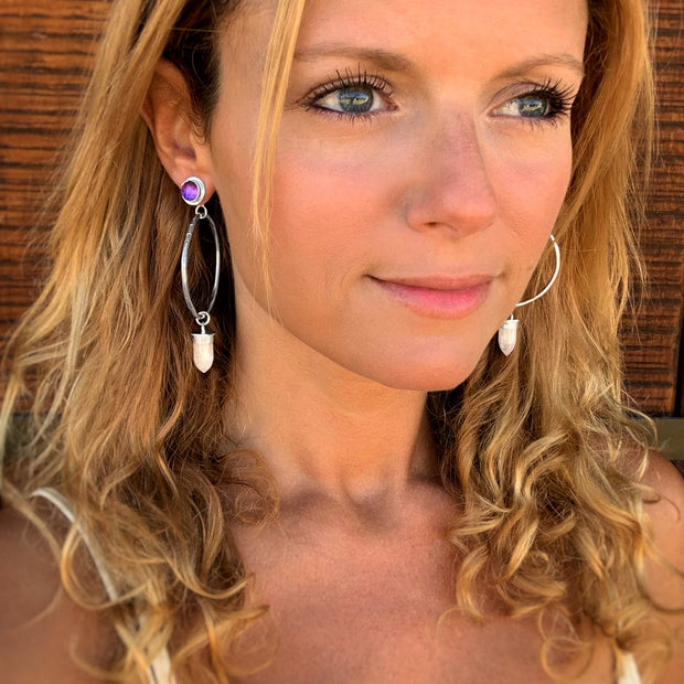 Amethyst studs with removable moonstone hoops in silver