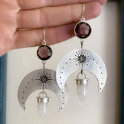 Silver moon earrings with amethyst & moonstone